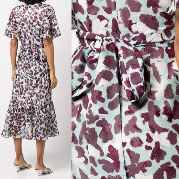 New Tanya Taylor Blaire Floral Wrap Leopard-Print Short-Sleeved Midi Dress Sz 4 - Picture 6 of 15